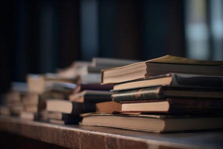 Pile of old books on a wooden table. Selective focus.の素材