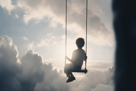 Silhouette of a boy sitting on a swing against the skyの素材