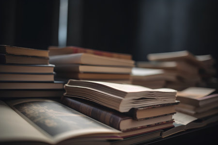 Pile of old books. Selective focus. Shallow depth of fieldの素材