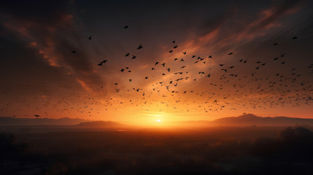 A flock of birds flying in the sky at sunset. 3d renderingの素材