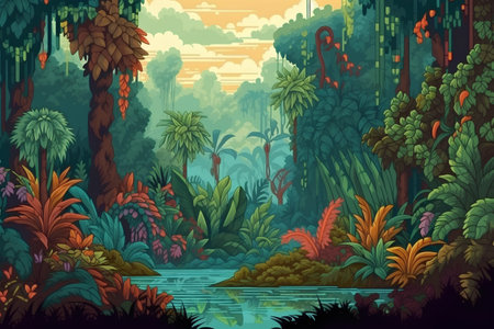 Tropical forest with a pond and flamingo. Vector illustration.の素材
