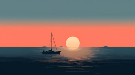Sailing boat in the sea at sunset. Vector Illustration.の素材