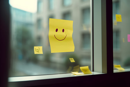 sticky note with smiley face on the window. 3d renderingの素材