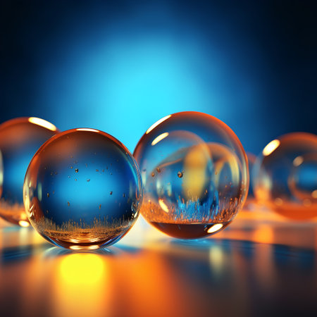 3d illustration of glass balls with reflection on water surface. Abstract backgroundの素材