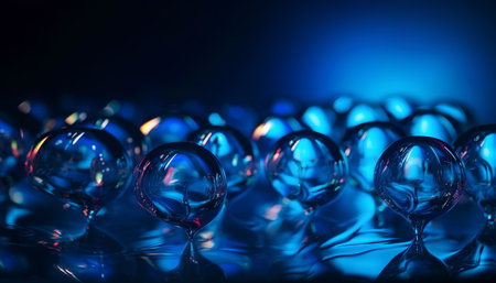 close up of water drops on blue background. 3d render illustrationの素材