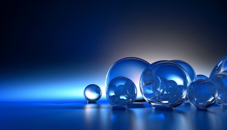 abstract 3d illustration of glass balls on blue background with reflectionの素材