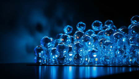 Blue glass balls on dark background. 3d rendering toned imageの素材
