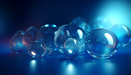 abstract 3d illustration of blue glass balls on a dark backgroundの素材