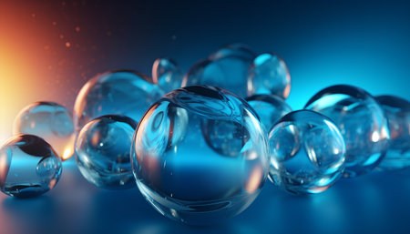 3d rendering of abstract background with glass balls in blue light.の素材