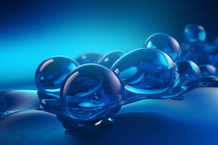 Blue water drops on a blue background. 3d rendering, 3d illustration.の素材