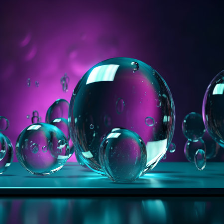 3d render, abstract background with glass balls, bubbles and waterの素材