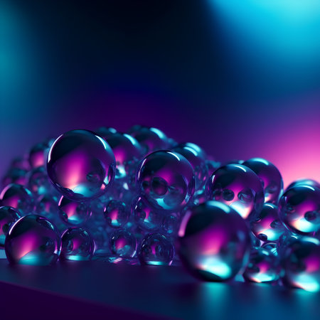 3d illustration of abstract background with blue and purple glass balls.の素材