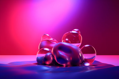 3D rendering of abstract background with liquid shapes. Pink and purple colors.の素材