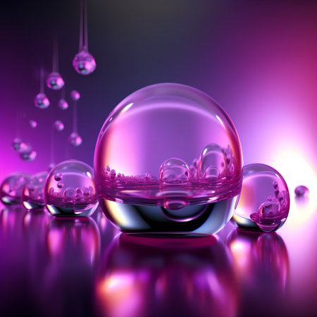 3d illustration of crystal ball with water drops over purple background.の素材