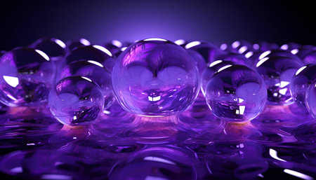 abstract 3d illustration of purple glass balls with reflection on water surfaceの素材