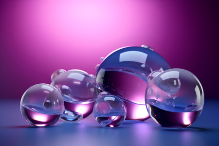 3D render of a group of transparent glass balls on a purple backgroundの素材