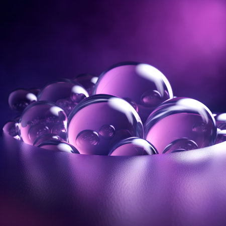 Abstract purple background with shiny spheres. 3d rendering, 3d illustration.の素材