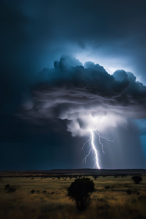 Thunderstorm over the African savannah, Namibia, Africa.の素材