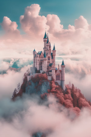 Fantasy landscape with castle on top of a mountain in the cloudsの素材