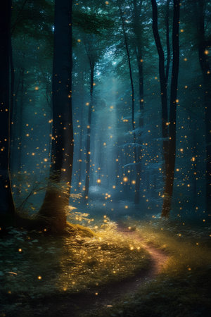 Mystical dark forest with magic light. Magical foggy nightの素材