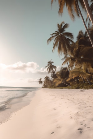 Tropical beach with palm trees and white sand at sunset.の素材