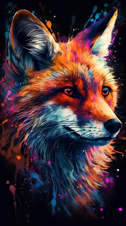 Illustration of a fox head on a colorful background with splashesの素材