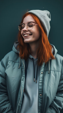 Portrait of a red-haired girl with freckles in a blue jacket and glasses.の素材
