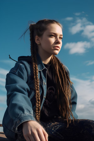 portrait of a beautiful girl with long braids in a denim jacket on a background of blue skyの素材