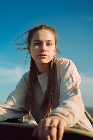 Portrait of a beautiful girl with braids in a knitted sweater on the background of blue skyの素材