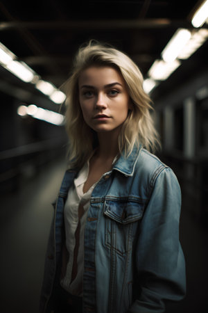 Fashion portrait of a beautiful blonde girl in a denim jacket on a dark backgroundの素材