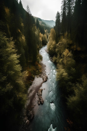 Aerial view of a mountain river flowing through the forest in autumnの素材