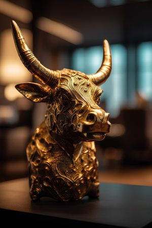 Bronze bull figurine in the interior of a Chinese restaurant.の素材