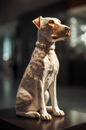 Portrait of a dog with a collar on a black background.の素材