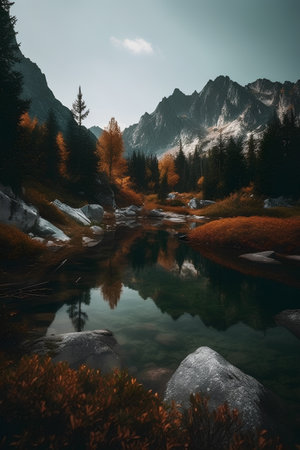 Beautiful autumn alpine landscape with mountain lake and reflection in waterの素材