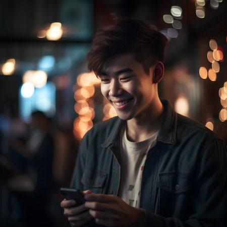 young asian man using mobile phone in the city at night.の素材