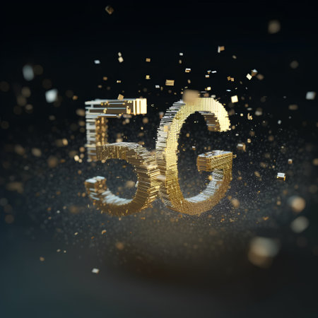 3d rendering of 5G text with golden particles on black backgroundの素材