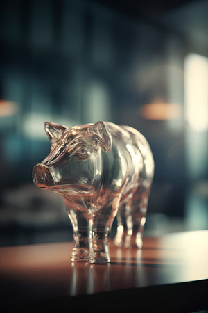 Close up of glass piggy bank on table. Concept of savingsの素材