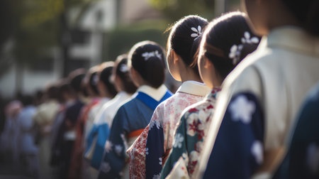 Japanese people wearing traditional kimono walking in the street, Japanの素材