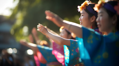 Beautiful girl in traditional costume dancing in the park at sunset.の素材