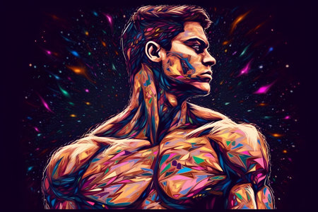Artistic illustration of a man with abstract colorful background. Tattoo art.の素材