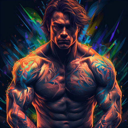 Muscular man with muscular body posing in front of colorful background.の素材