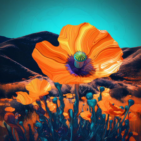 Beautiful poppy flower in the field. Digital art painting. Vector illustration.の素材