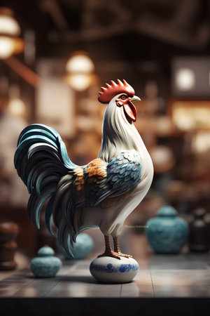 Rooster figurine on the background of a coffee shop. 3d renderingの素材