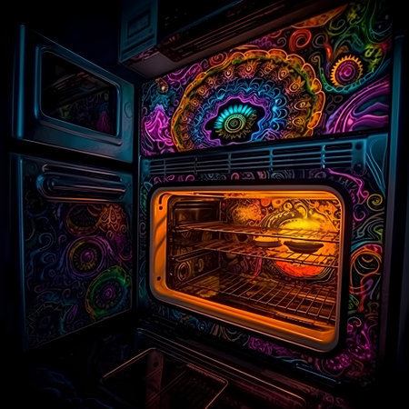 Digital illustration of an electric oven with a colorful pattern on a black backgroundの素材