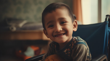 Portrait of a smiling asian boy sitting in wheelchair at homeの素材