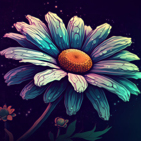 Illustration of a daisy flower on a dark background with starsの素材