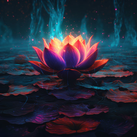 Lotus flower in the pond. 3D illustration. Glowing lotus.の素材
