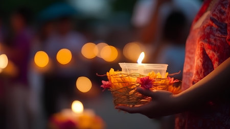 Candle light in the hands of a woman with a blurred backgroundの素材