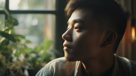 Portrait of a handsome asian man looking at the window.の素材