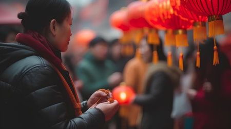 Young woman lighting chinese lanterns during Chinese New Year celebration.の素材